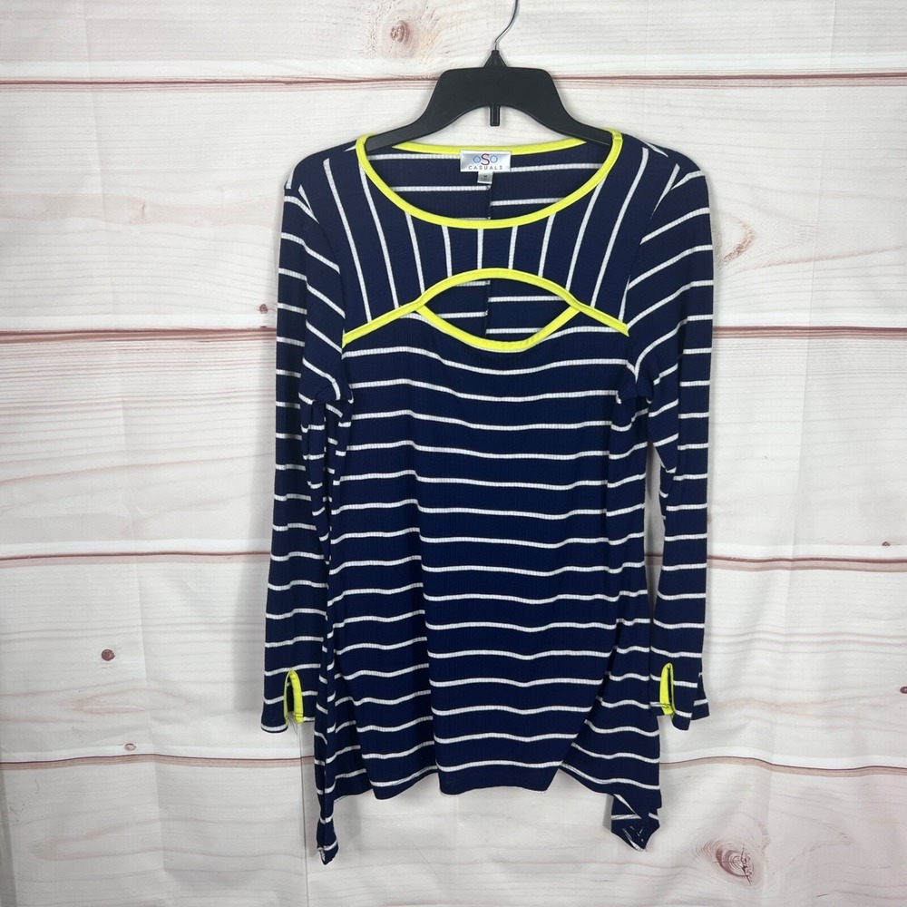 OSO Casuals Top Womens M Blue Stripe T-Shirt Cut Out Neck Long Sleeve Pullover
